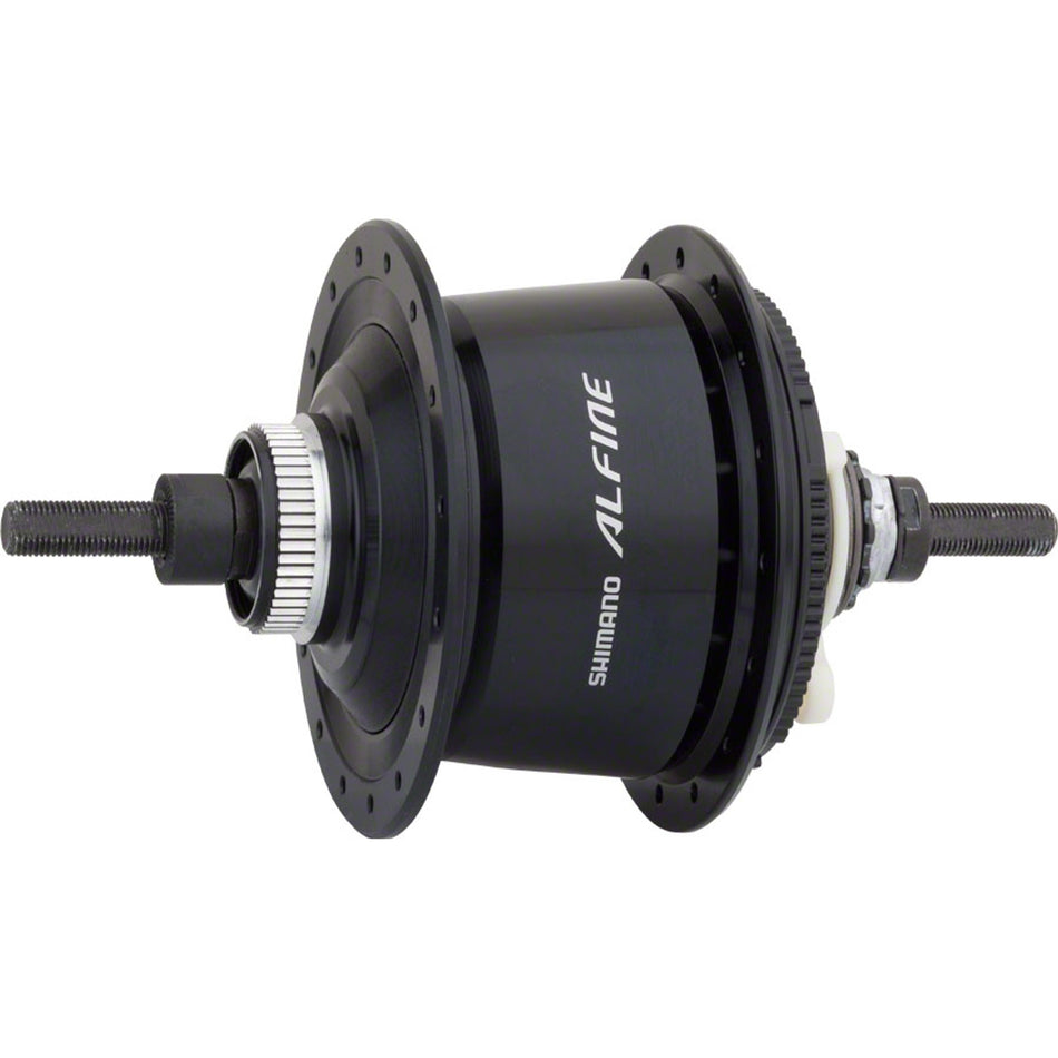 Shimano Alfine SG-S7001 internally geared hub installed on a bicycle wheel, showing sleek black hub and gear mechanism.