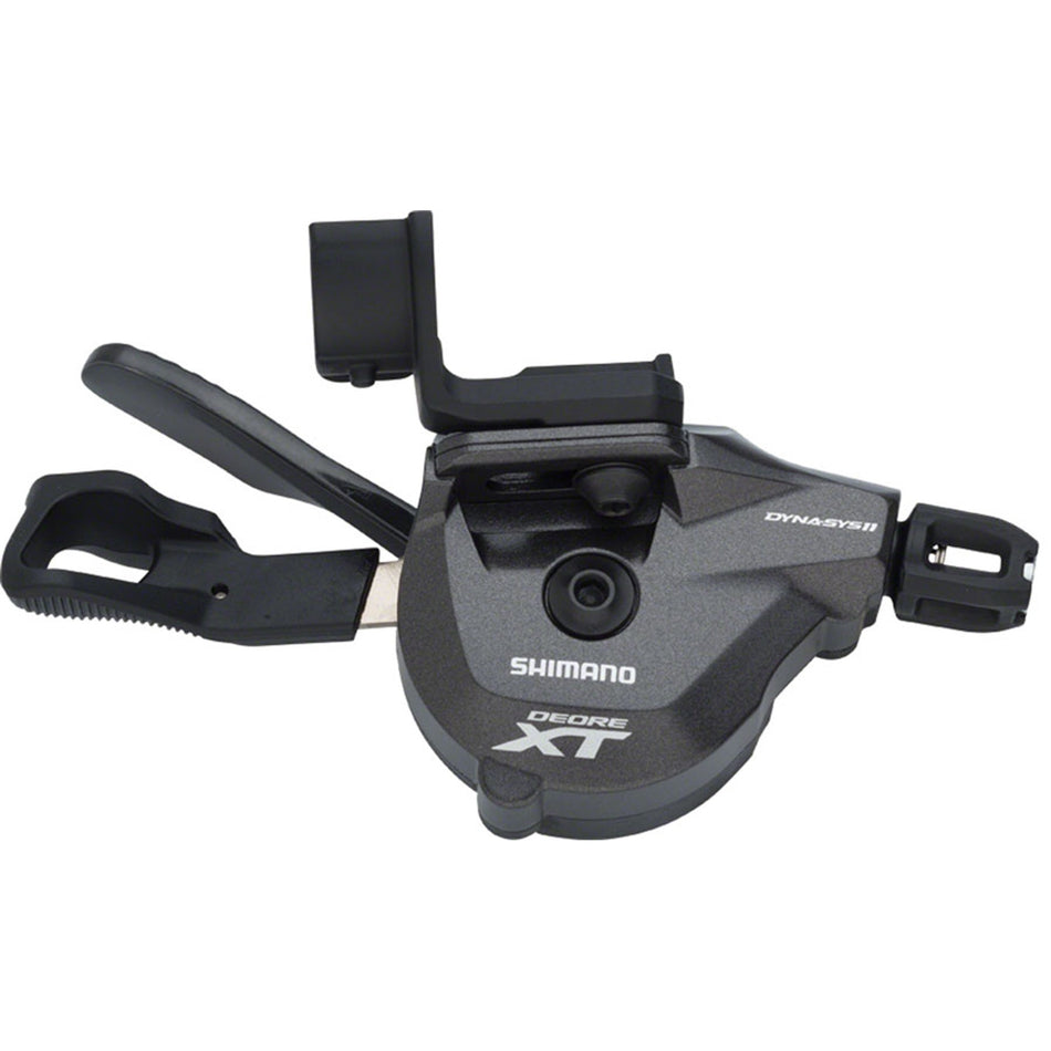 Shimano XT SL-M8000-I mechanical shifter for bikes, showing gear lever and cable attachment on a mountain bike component.