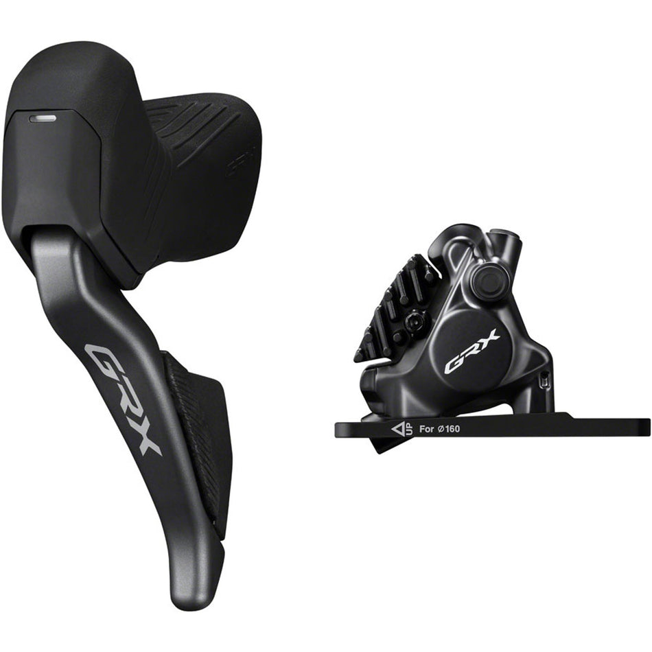 Shimano GRX ST-RX825 Di2 electronic shifter and brake lever with BR-RX820 disc brake caliper for gravel bikes.