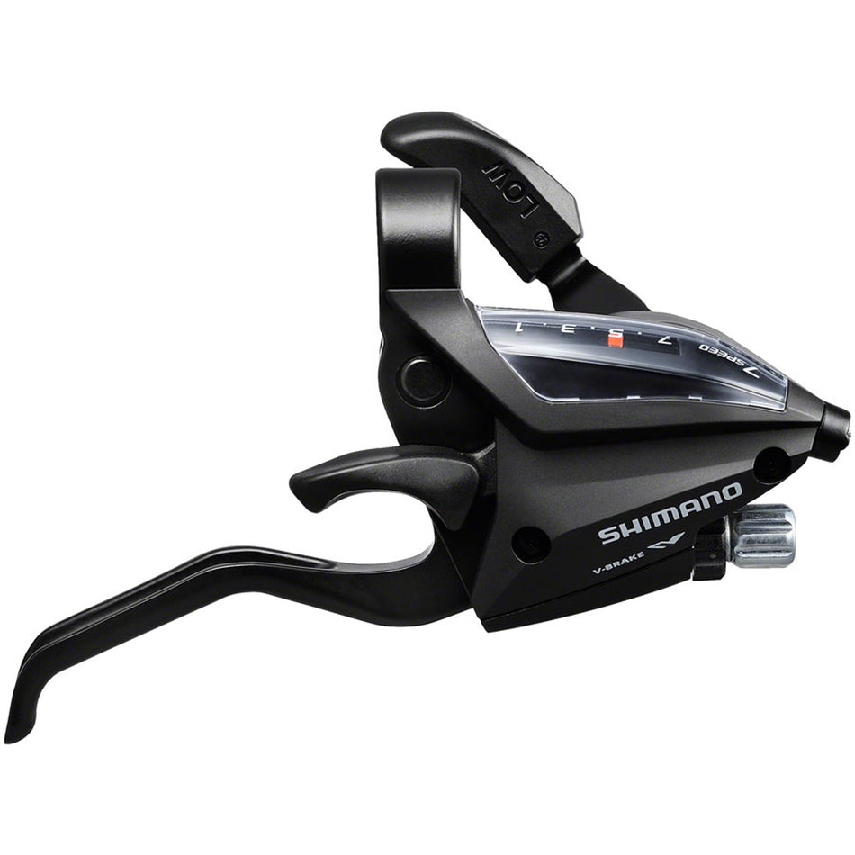 Shimano ST-EF500 mechanical brake and shift lever for bicycle, showing the ergonomic design and gear adjustment mechanisms.