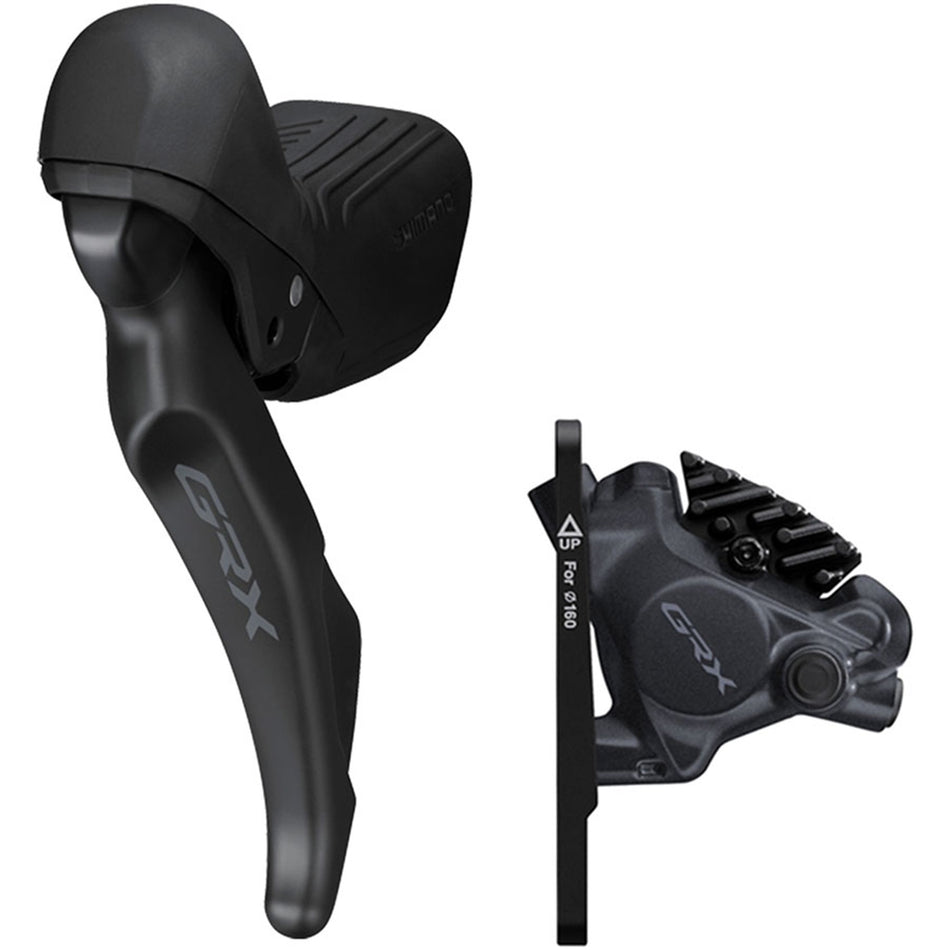 Shimano GRX ST-RX610 electronic shifter and brake lever with BR-RX410 disc brake caliper for gravel bikes, mounted on a bike handlebar.