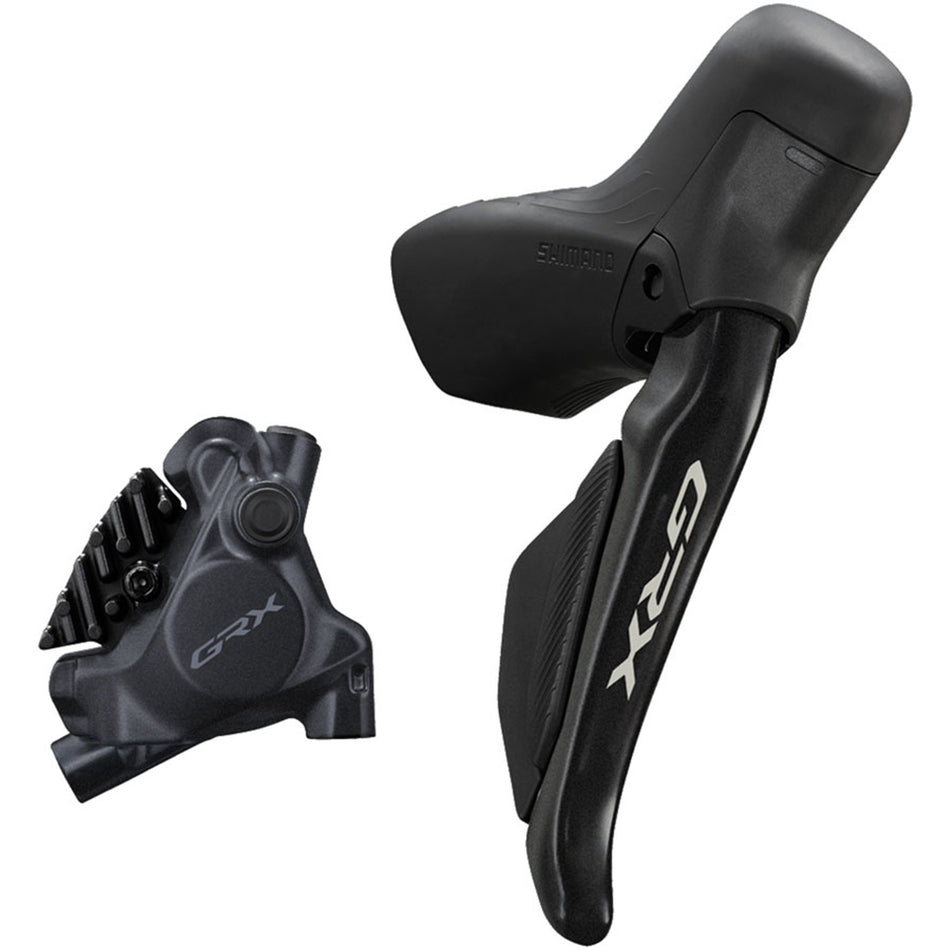 Shimano GRX ST-RX715 Di2 shift and brake lever with BR-RX410 disc brake caliper for gravel bike riding.
