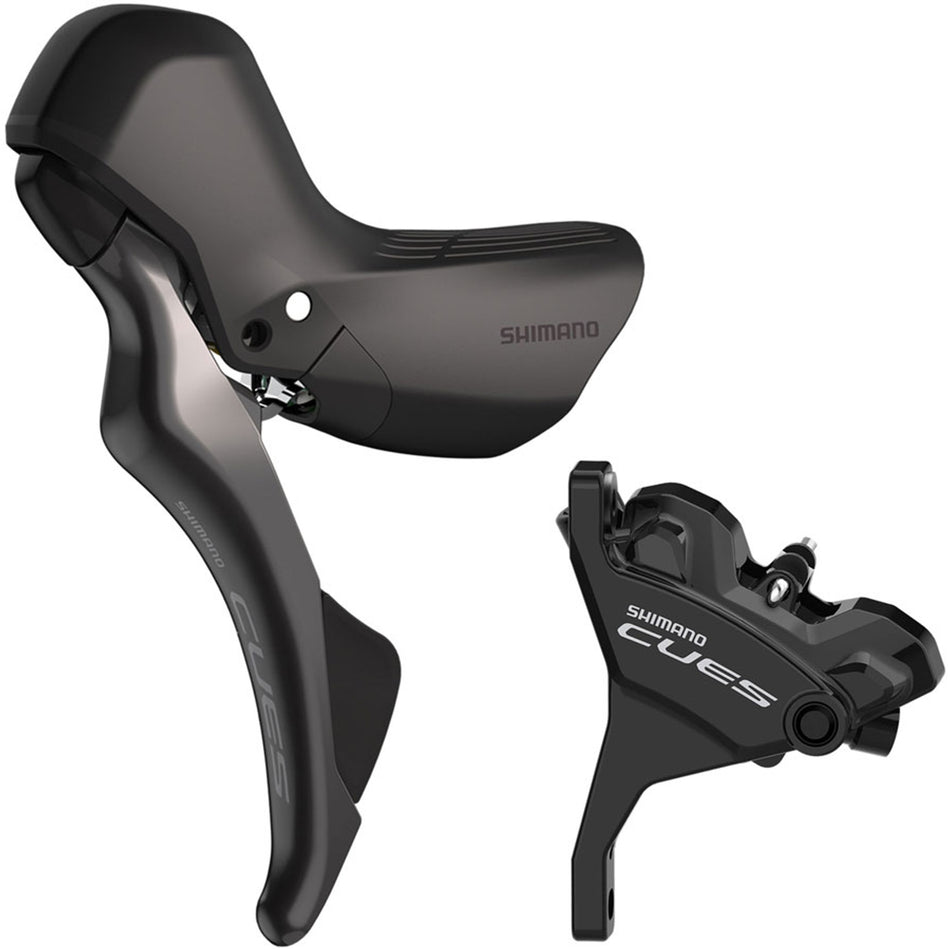 Shimano CUES ST-U6030 mechanical shifter and BR-U6030 disc brake caliper set for bike, with levers and caliper visible.