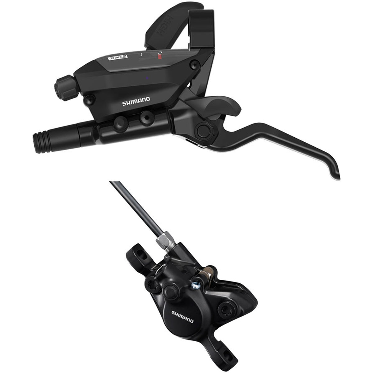 Shimano ST-EF515 mechanical shift and brake lever with BR-MT200 hydraulic brake caliper on a bicycle handlebar.