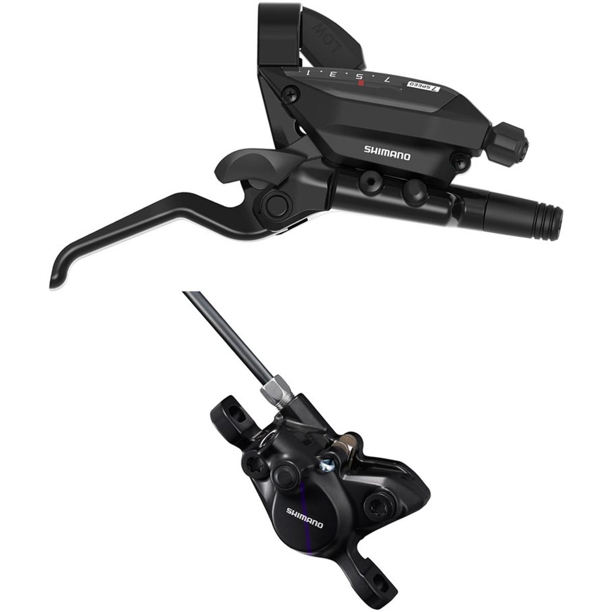Shimano ST-EF515 mechanical shift and brake lever with BR-MT200 hydraulic brake caliper for mountain bike.