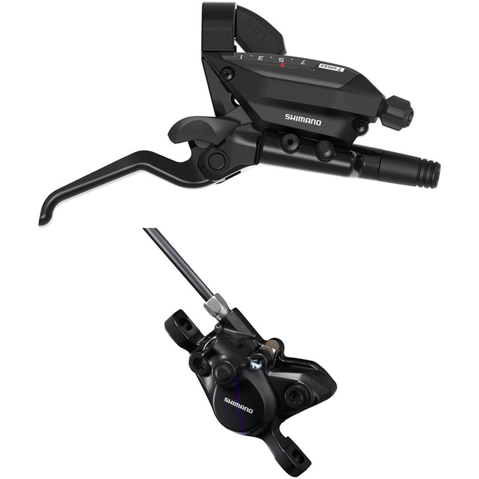 Shimano ST-EF515 mechanical shift and brake lever with BR-MT200 hydraulic brake caliper for mountain bike.