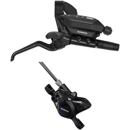 Shimano ST-EF515 mechanical shift and brake lever with BR-MT200 hydraulic brake caliper on bike handlebars.