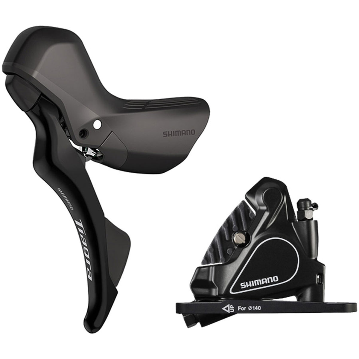Shimano Tiagra ST-R4020 mechanical shift and brake lever with BR-RS405 disc brake caliper for road bikes.