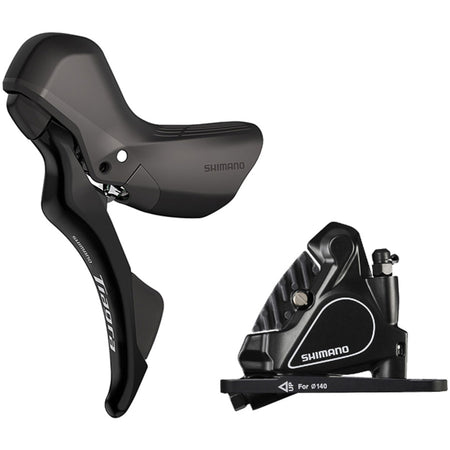 Shimano Tiagra ST-R4020 mechanical shift and brake lever with BR-RS405 disc brake caliper for road bikes.