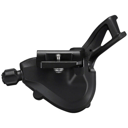 Shimano Deore M5100 left mechanical shifter for mountain bike gear shifting, showing the ergonomic grip and gear indicator.
