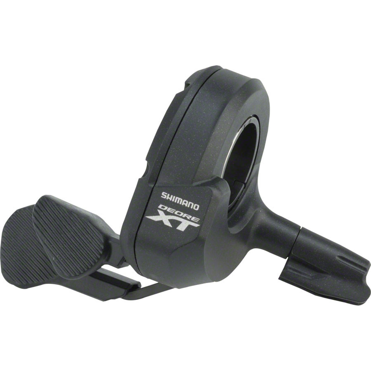 Shimano XT SW-M8050 left electronic shifter for mountain bike, showing the sleek black handle and gear adjustment buttons.