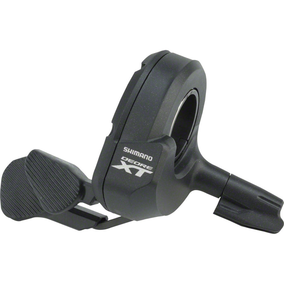 Shimano XT SW-M8050 left electronic shifter for mountain bike, showing the sleek black handle and gear adjustment buttons.