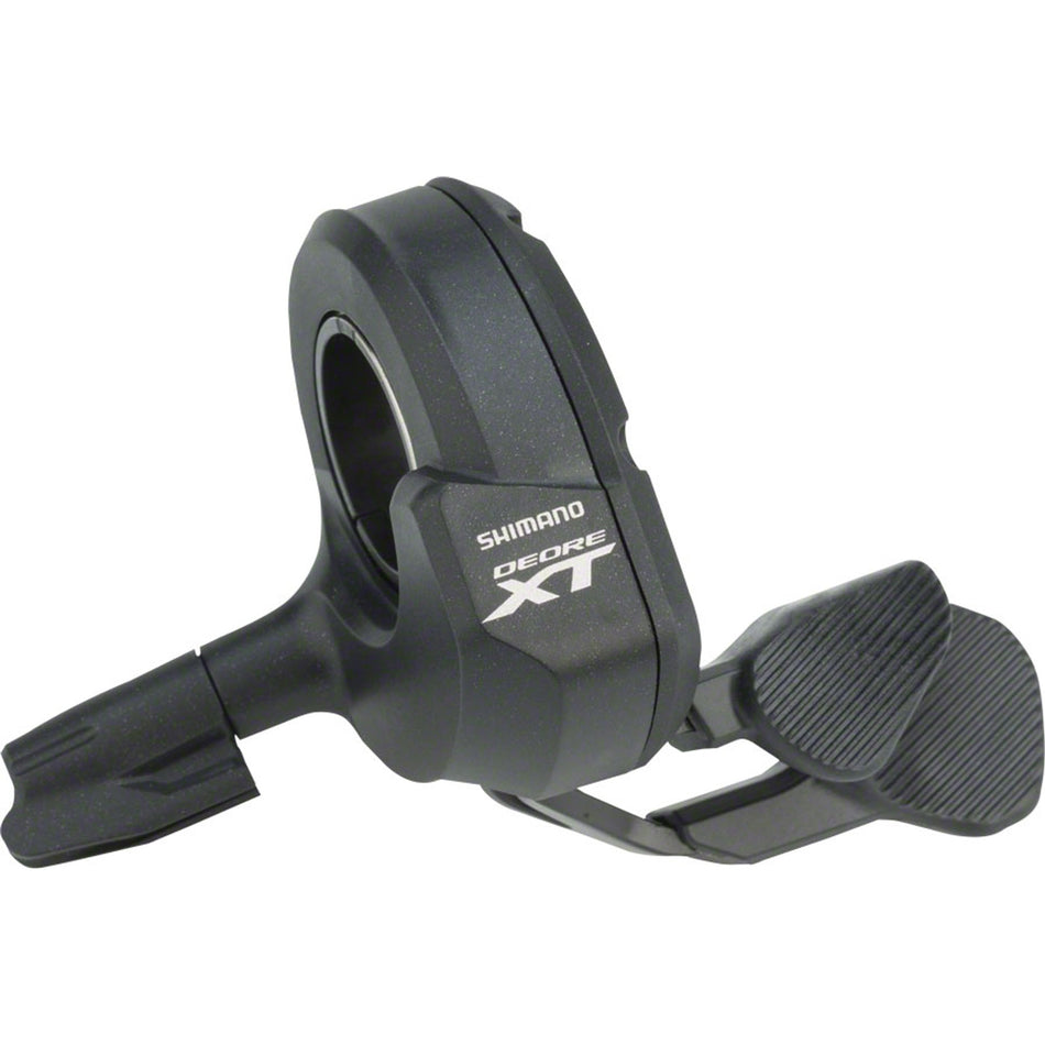 Shimano XT SW-M8050 right electronic shifter for mountain bike, showing the ergonomic design and control buttons.