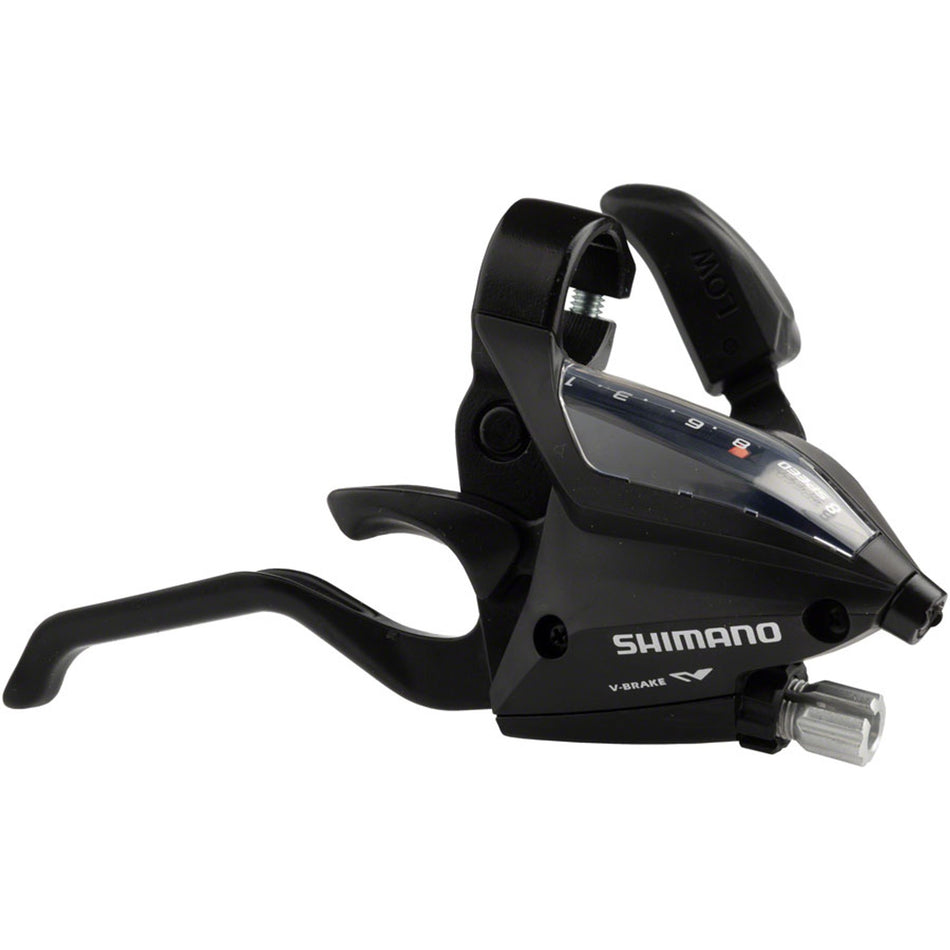 Shimano ST-EF500 mechanical brake and shift lever for bicycle, showing ergonomic design and gear adjustment components.