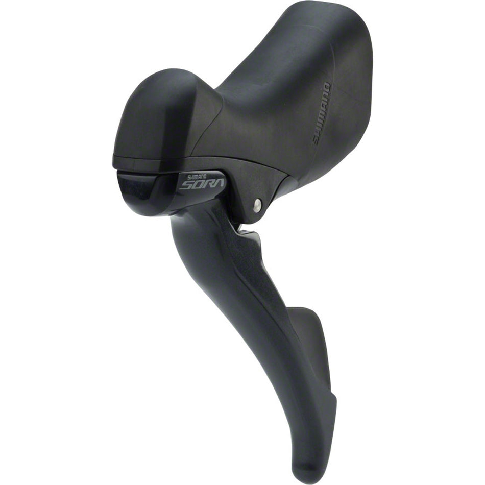 Shimano Sora ST-R3000 left shift lever for mechanical bike shifters, shown with ergonomic design and gear adjustment features.
