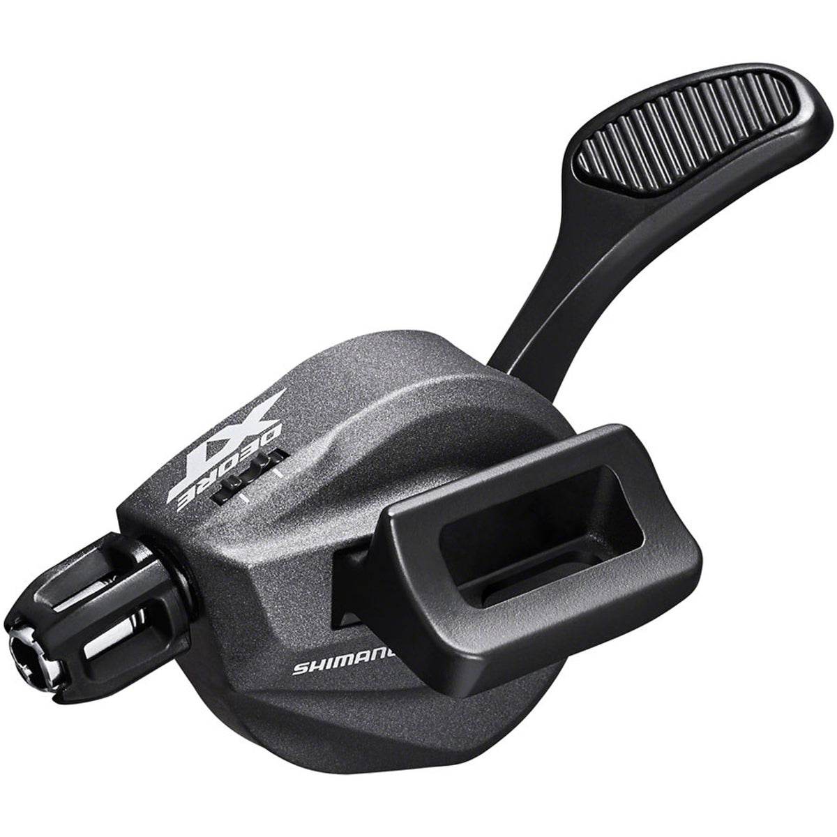 Shimano Deore XT SL-M8100 mechanical shifter for mountain bike gear shifting, black plastic and metal components.