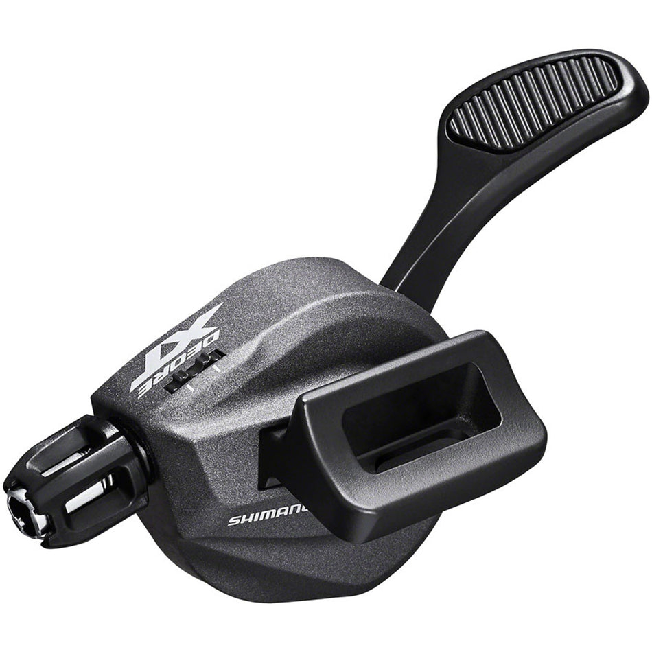 Shimano Deore XT SL-M8100 mechanical shifter for mountain bike gear shifting, black plastic and metal components.