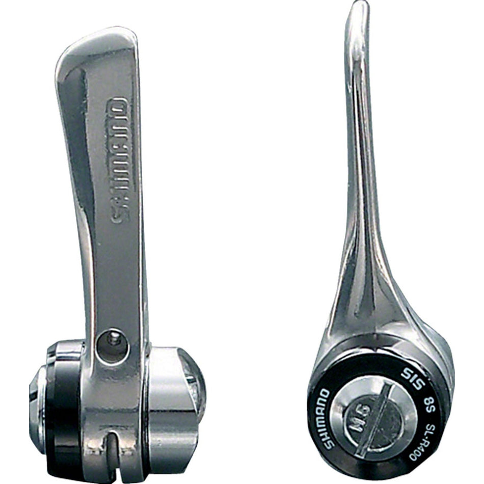 Shimano Sora SL-R400 double/triple 8-speed braze-on mechanical shifter set for road bikes, showing shifters and cable attachment.