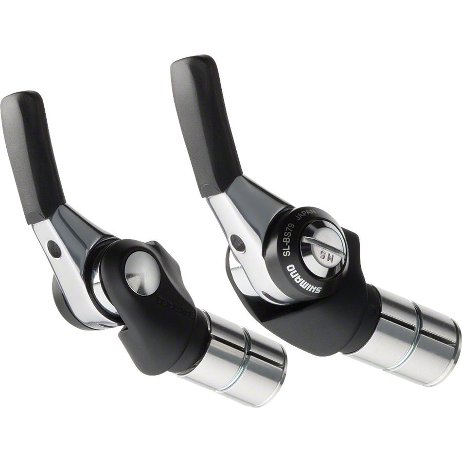Shimano Dura-Ace SL-BS79 double/triple 10-speed mechanical bar end shifters with black rubber grips and metal levers.