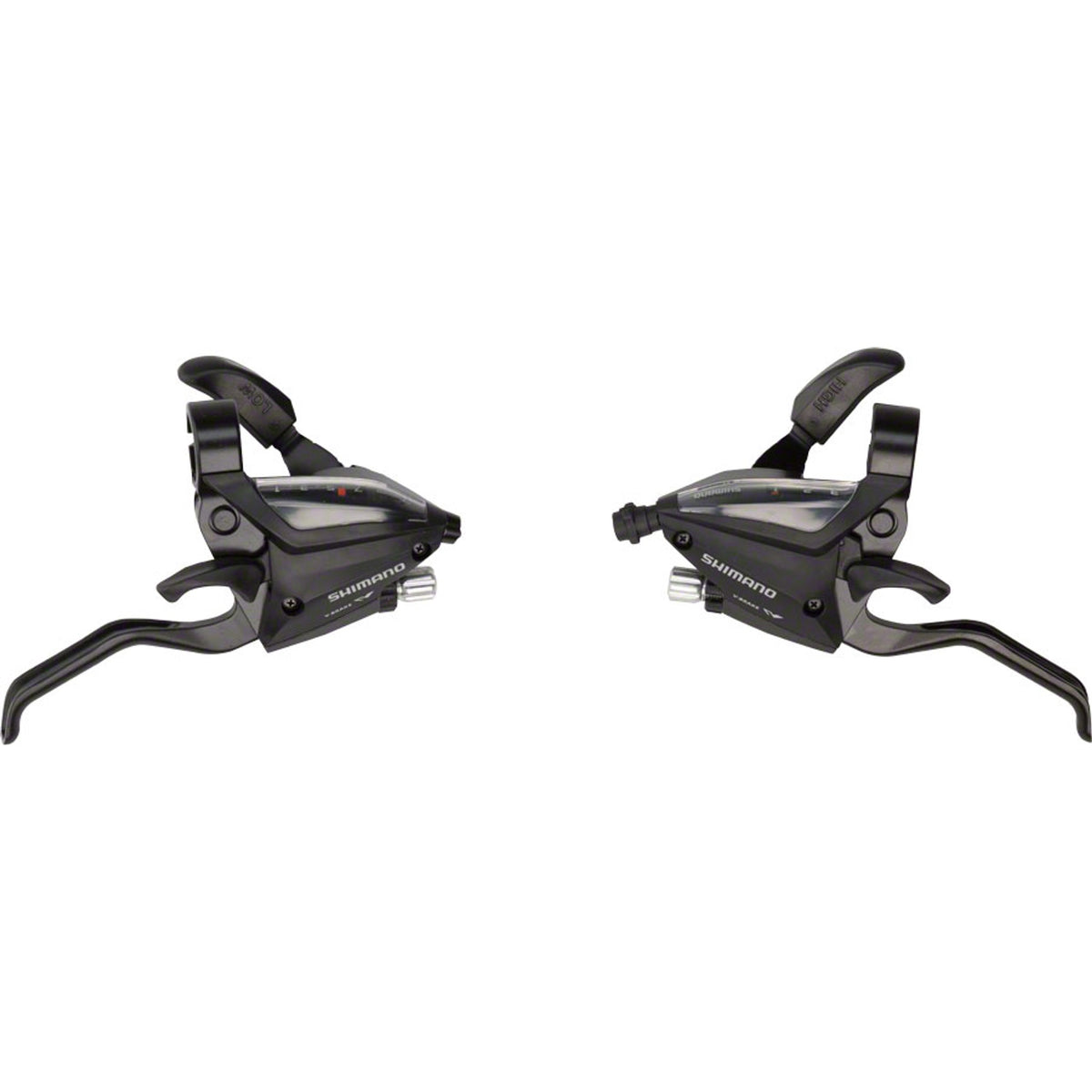 Shimano ST-EF500 brake and shift EZ-fire Plus lever set for mechanical shifters, showing black ergonomic design and control levers.