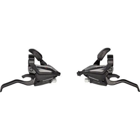 Shimano ST-EF500 brake and shift EZ-fire Plus lever set for mechanical shifters, with black and silver controls on a bike handlebar