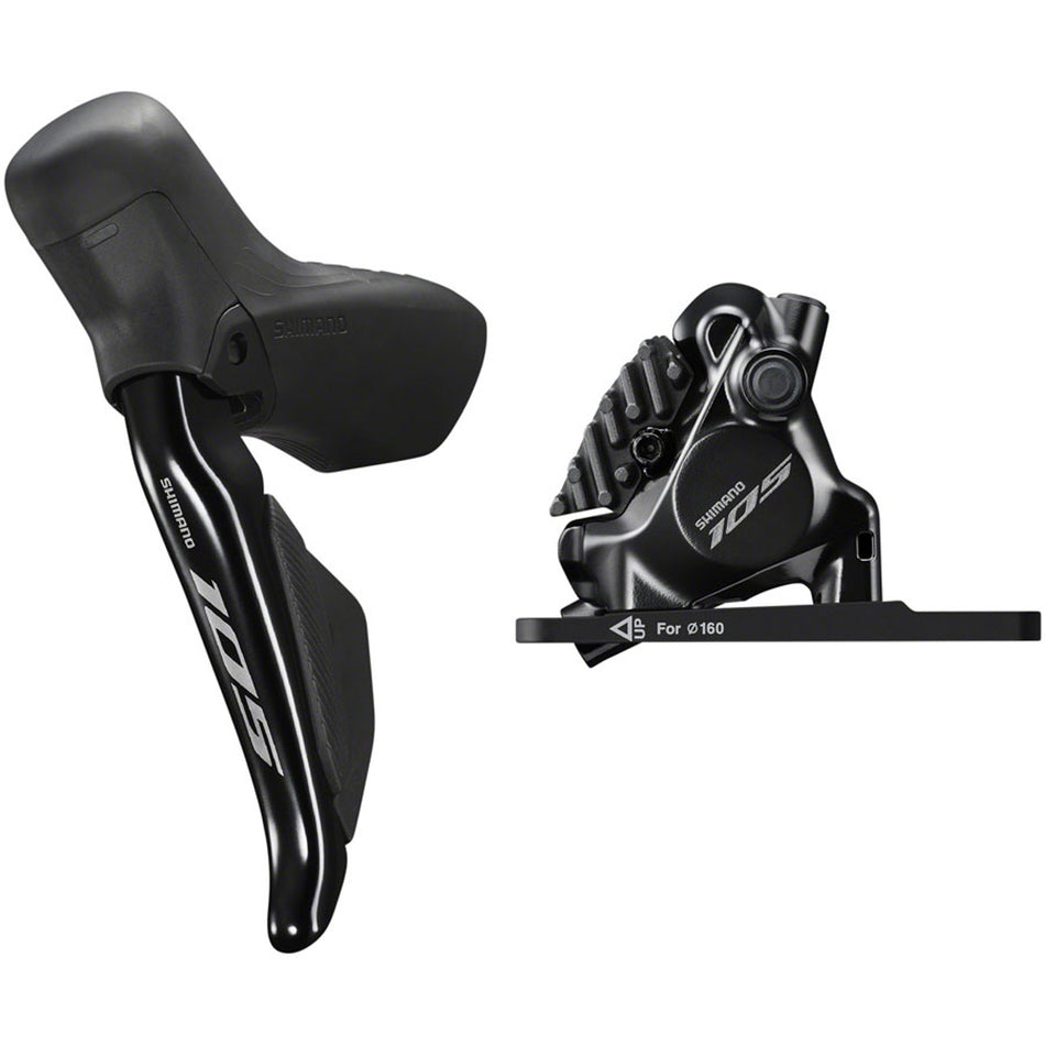 Shimano 105 ST-R7170 Di2 electronic shift and brake levers with BR-R7170 disc brake caliper for road bikes.