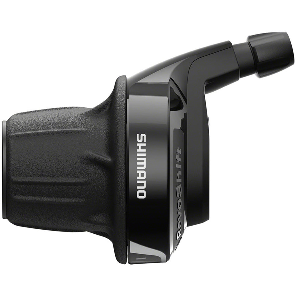 Shimano Revoshift SL-RV400-L twist shifter for bicycle gear shifting, mounted on handlebar with gear cables attached.