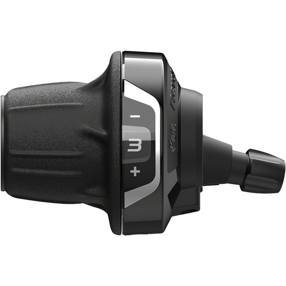 Shimano Revoshift SL-RV400-L twist shifter for mechanical bike gears, showing the ergonomic grip and gear indicator.
