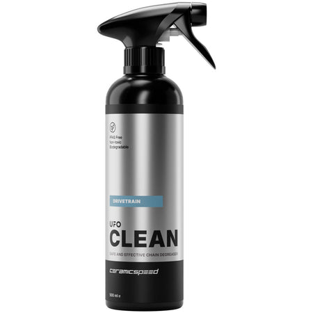 CeramicSpeed UFO Drivetrain Cleaner 500ml bottle, biodegradable bike chain and drivetrain cleaner with spray nozzle.