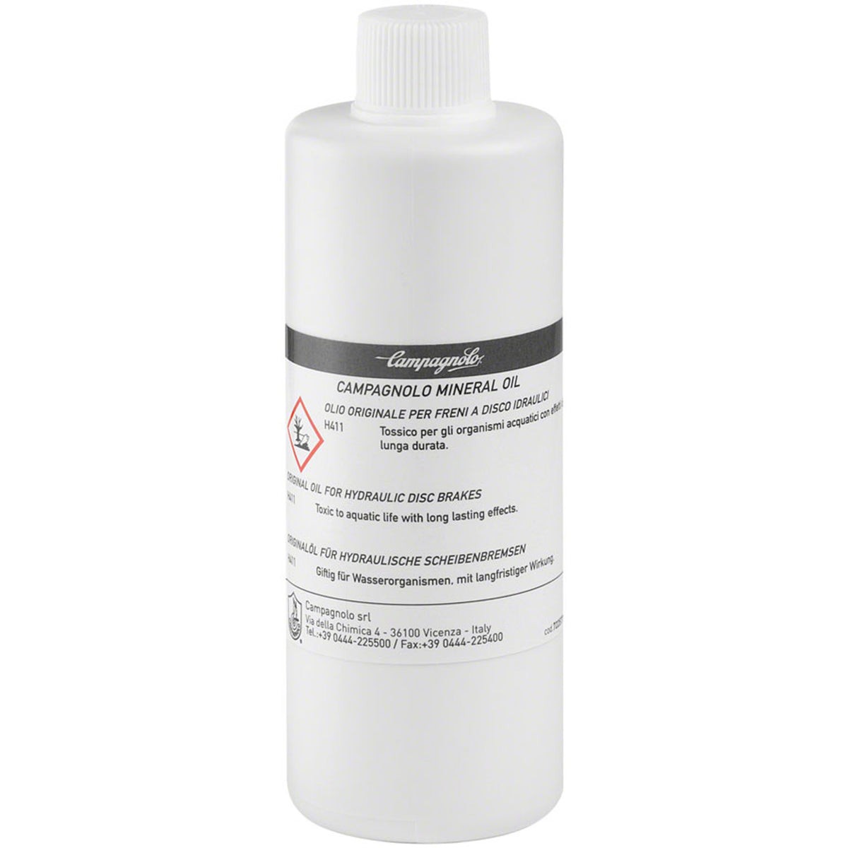 Campagnolo hydraulic brake fluid bottle, a brake tool product for bicycle maintenance, with clear label and cap visible.