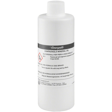 Campagnolo hydraulic brake fluid bottle, a brake tool product for bicycle maintenance, with clear label and cap visible.
