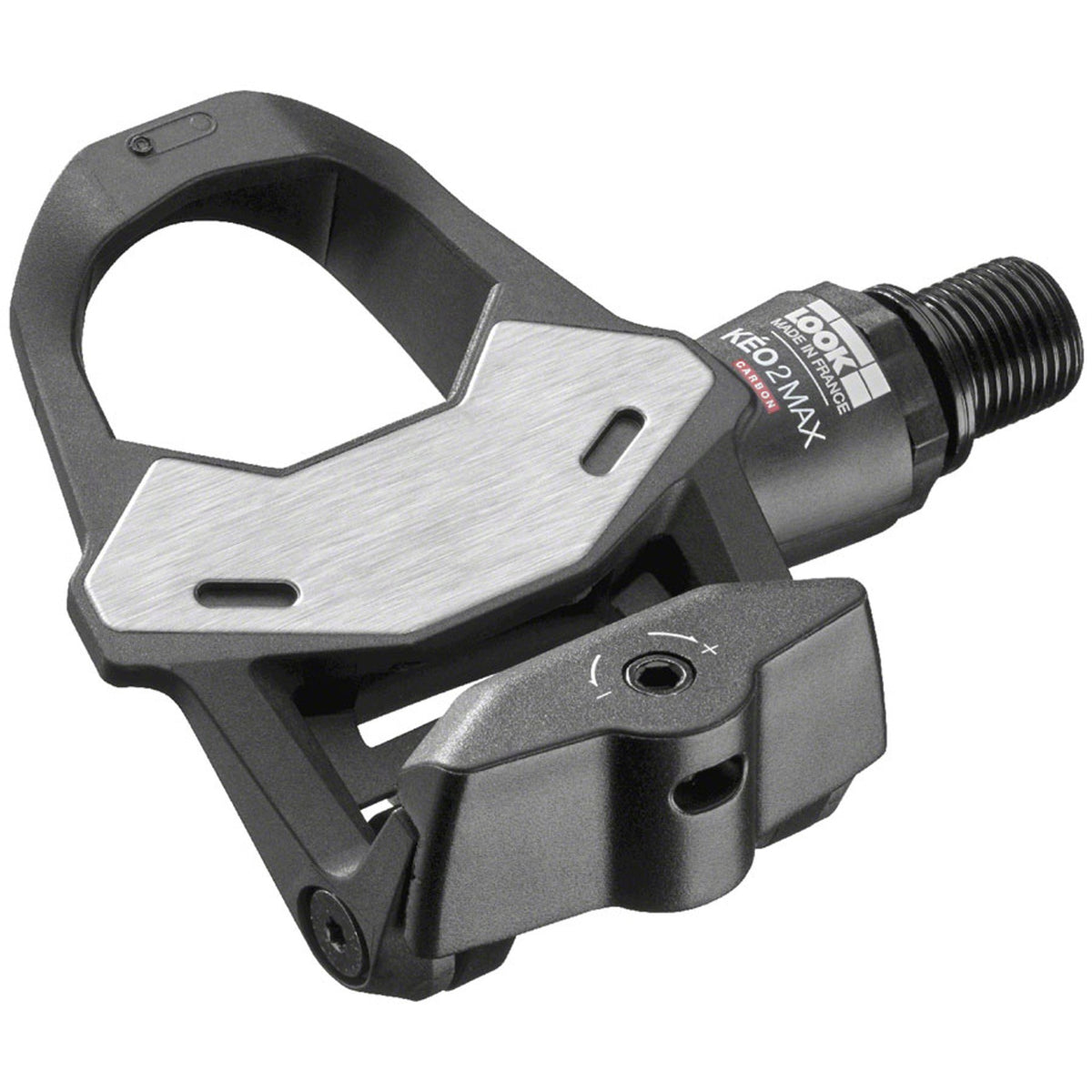 Look Cycle KEO 2 MAX Carbon road pedals with clipless design and lightweight carbon construction, shown from side angle.