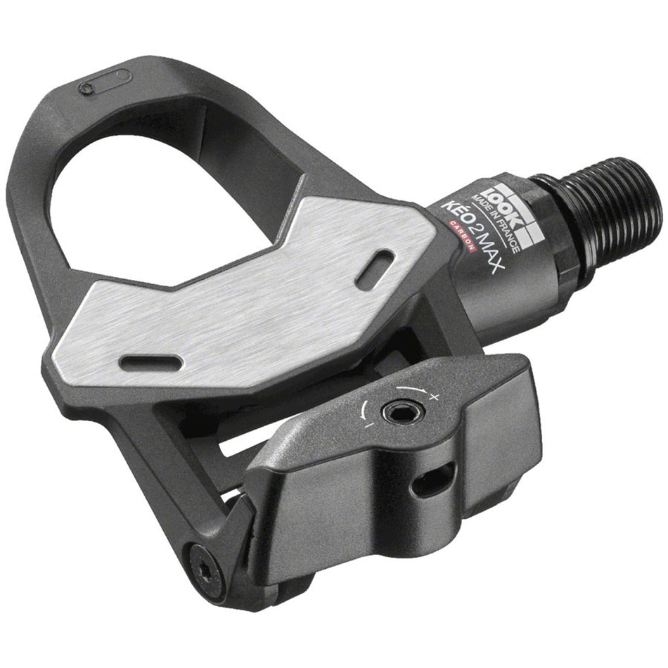 Look Cycle KEO 2 MAX Carbon road pedals with clipless design and lightweight carbon construction, shown from side angle.