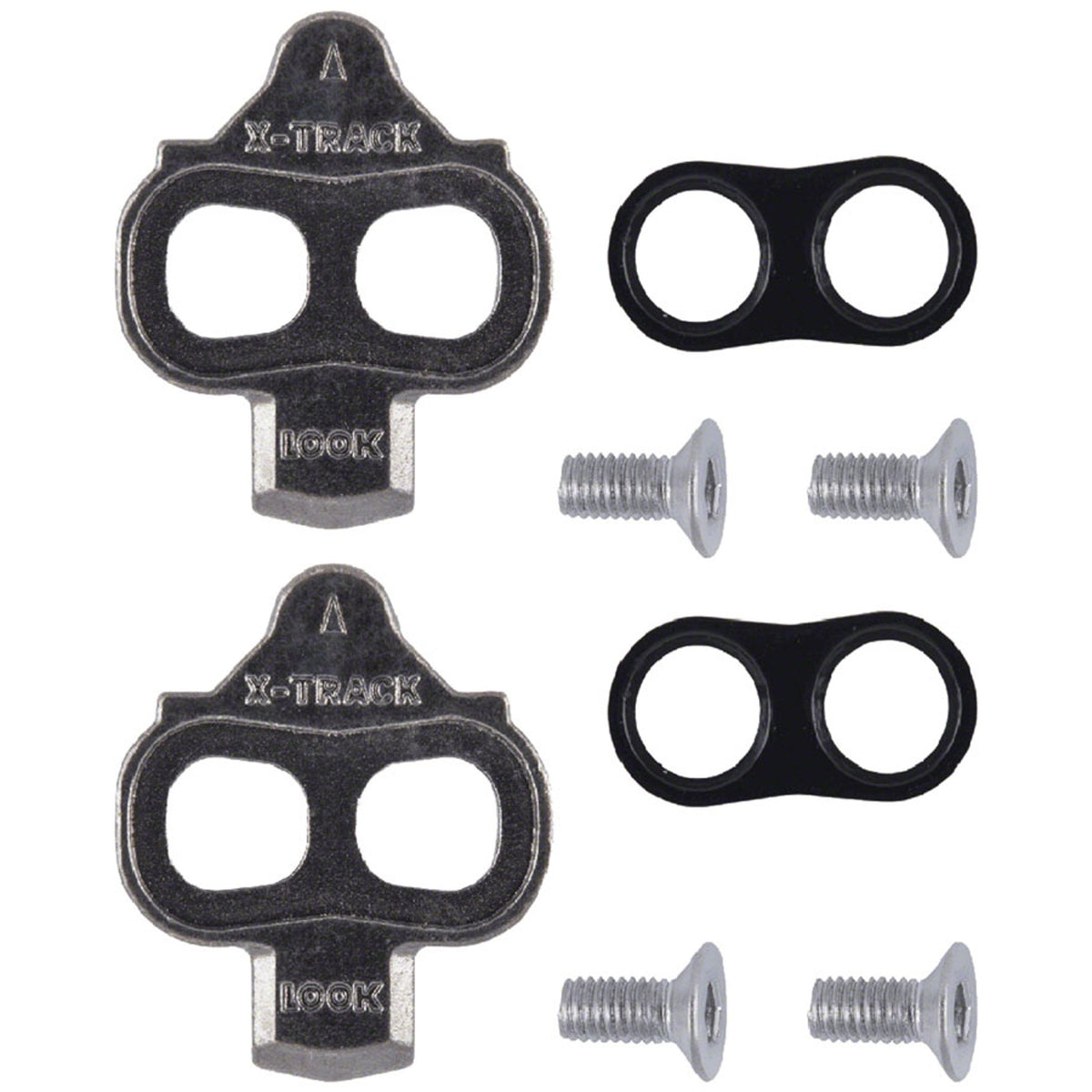 Look Cycle X-track cleats in silver for bike pedals, showing the detailed metal mounting plates and attachment points.