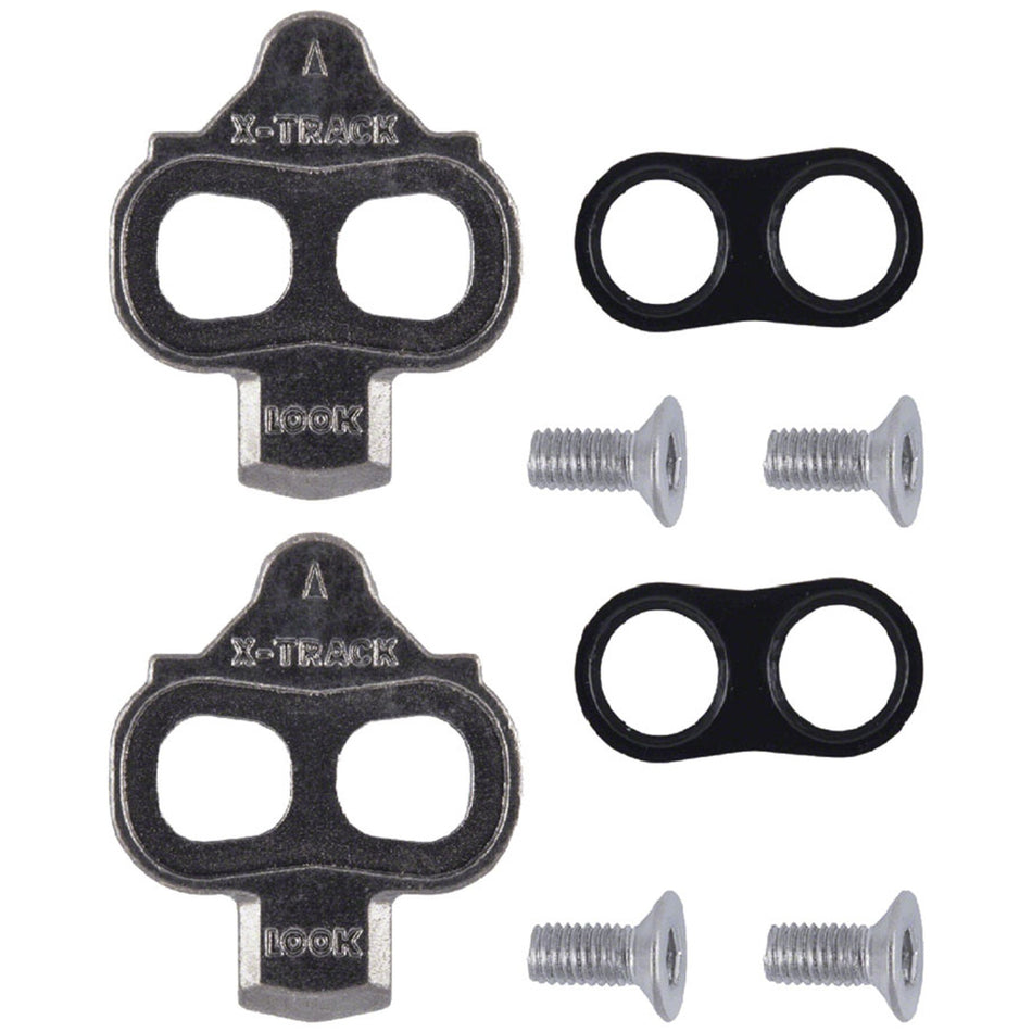 Look Cycle X-track cleats in silver for bike pedals, showing the detailed metal mounting plates and attachment points.