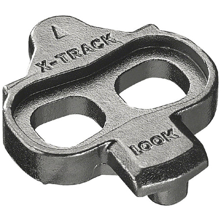 Silver X-track cleats for bike pedals, designed by Look Cycle, shown attached to pedal parts and accessories in the image.