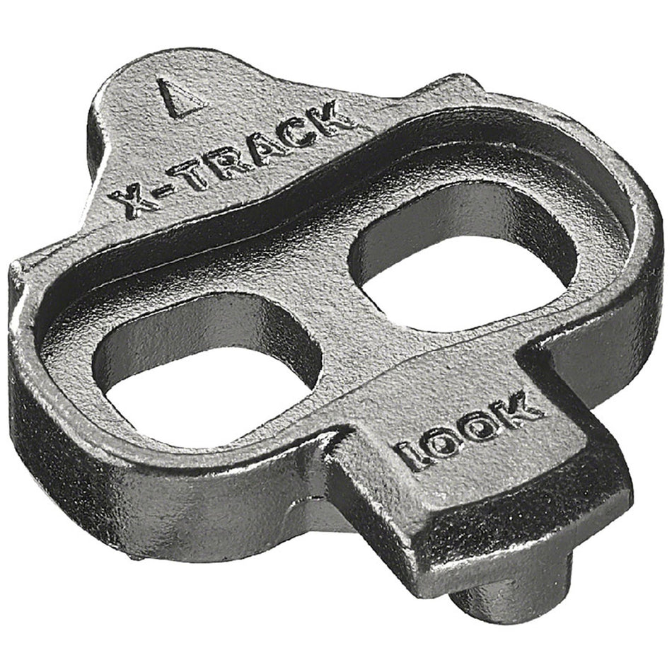Silver X-track cleats for bike pedals, designed by Look Cycle, shown attached to pedal parts and accessories in the image.