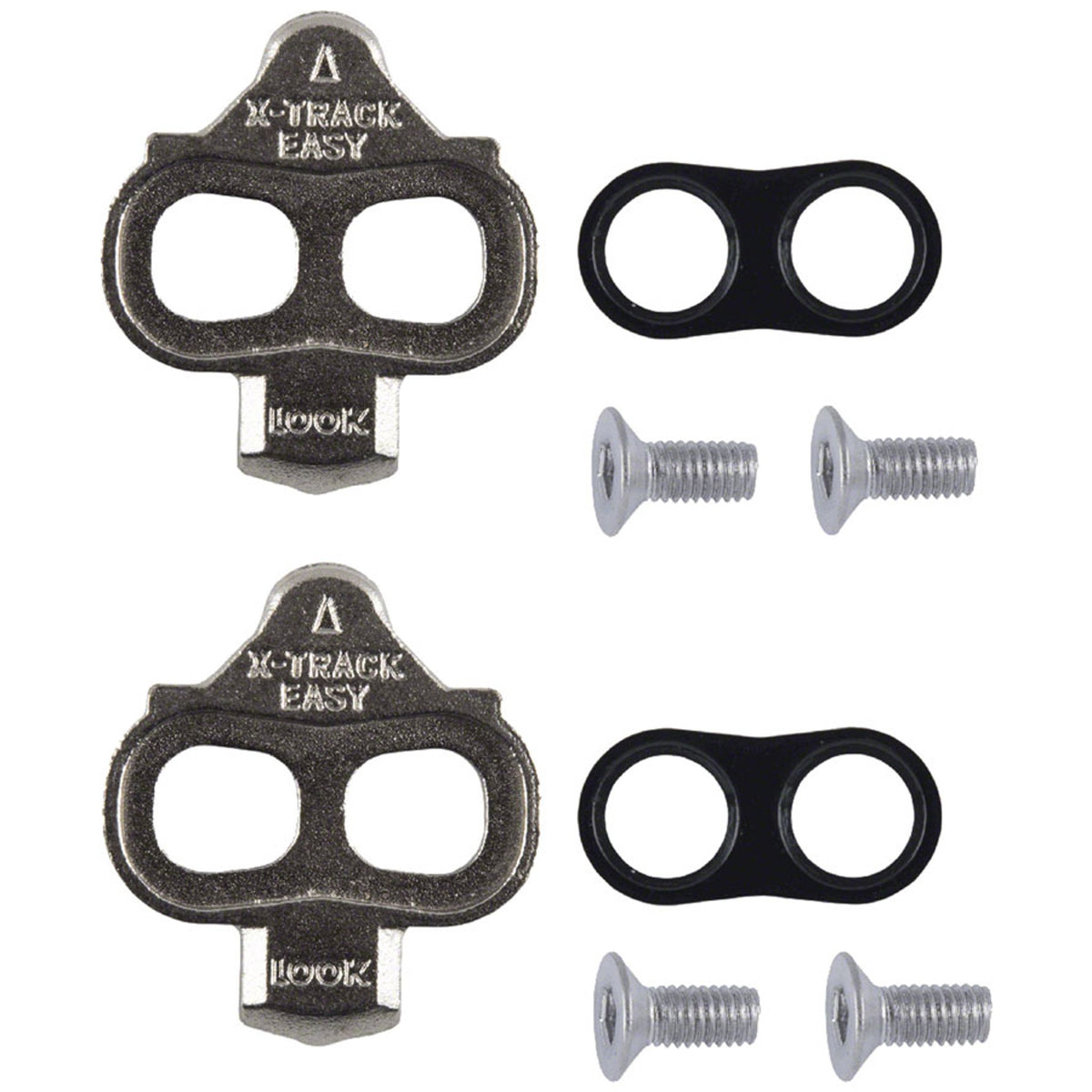Silver X-track cleats for bicycle pedals, designed by Look Cycle, showing the detailed metal fastening and attachment points.