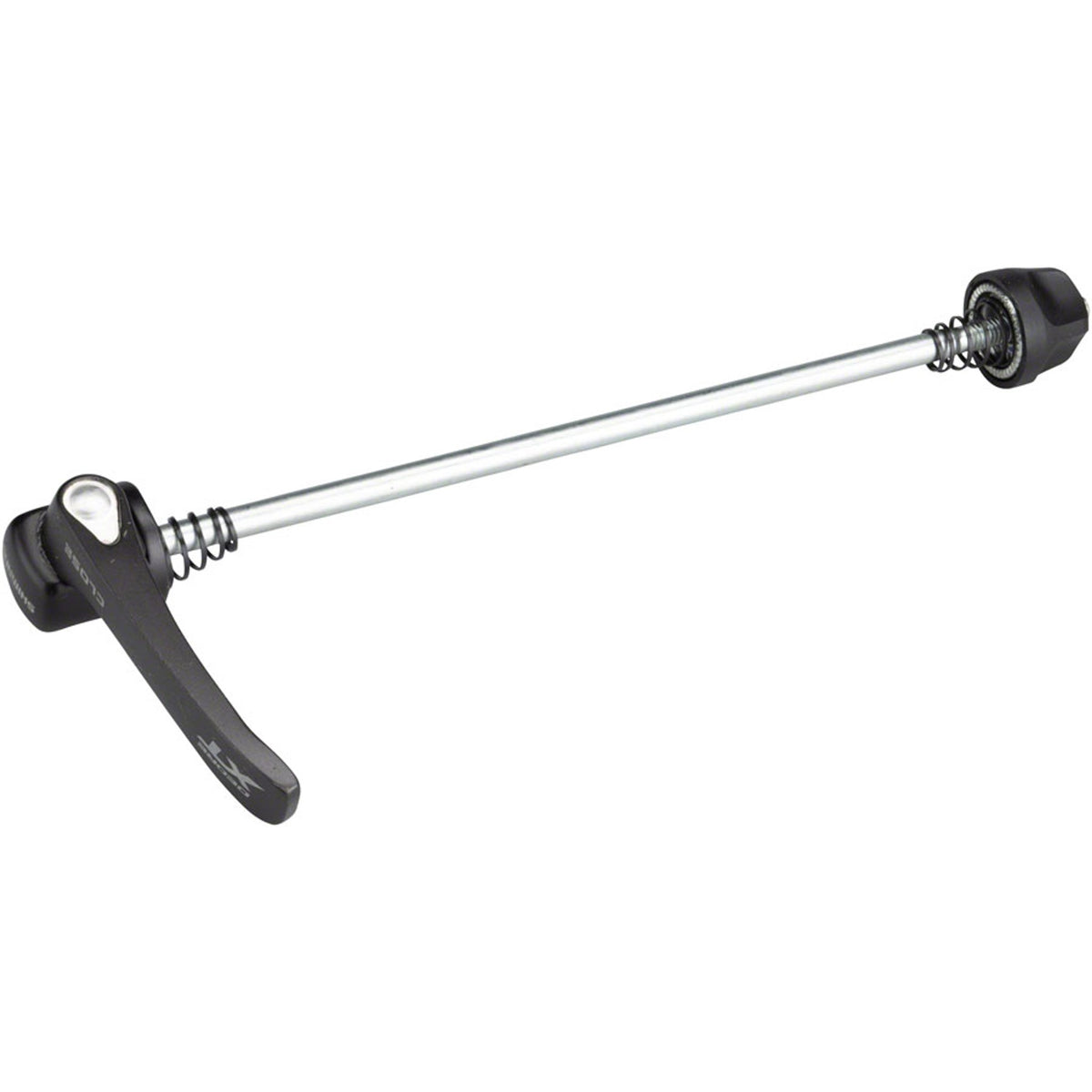 Shimano XT HB-M8000 axle for bike wheels, shown with QR9005 quick-release skewer in a close-up view.