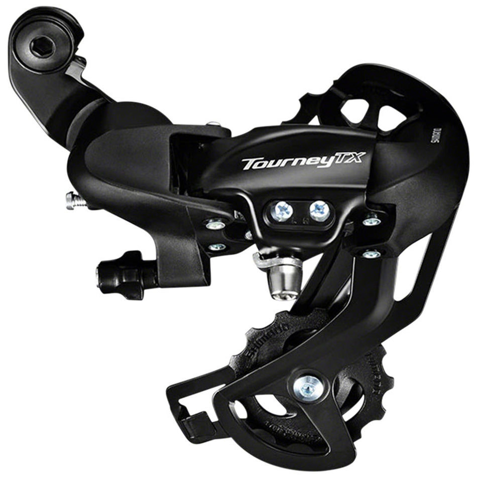 Shimano Tourney RD-TX800 rear derailleur for mountain bikes, showing the black and silver component with mounting hardware.