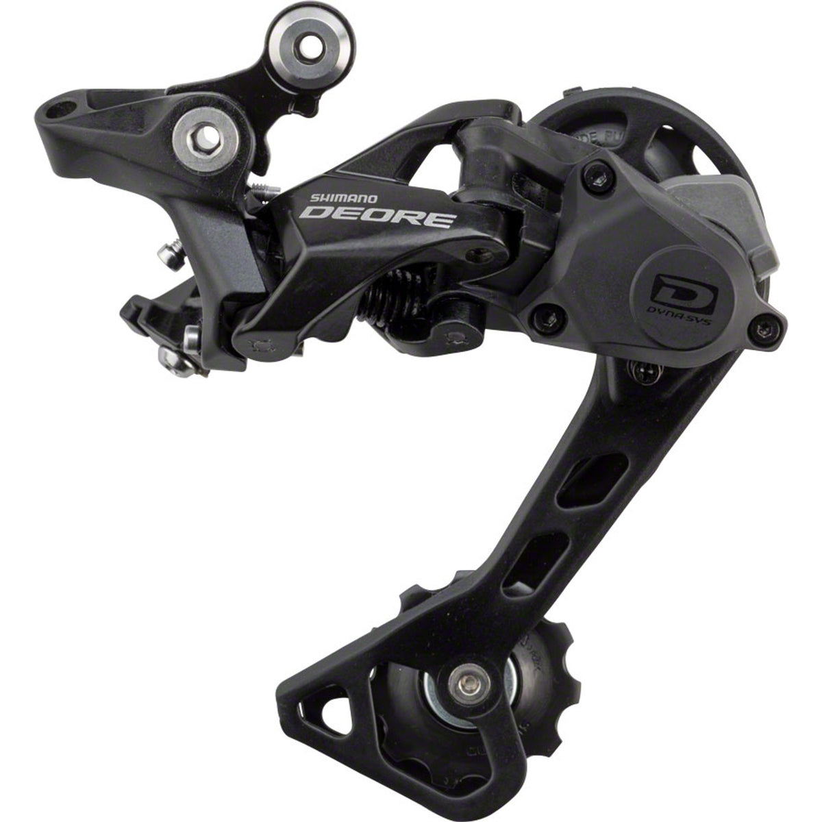 Shimano Deore RD-M6000 10-speed rear derailleur mounted on bike, showing sleek black body and metal mounting hardware.