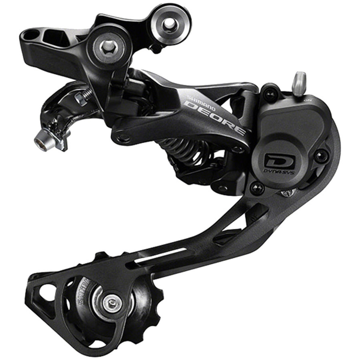 Shimano Deore RD-M6000 10-speed rear derailleur mounted on bike, showcasing gear mechanism and metallic finish.