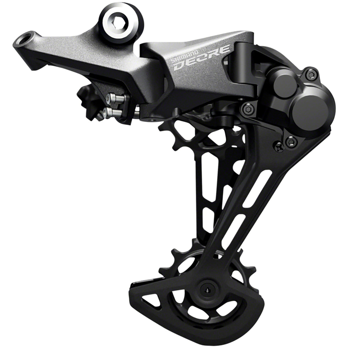 Shimano Deore M5100 rear derailleur for 11-speed bike drivetrains, showing the sleek black Shimano RD-M5100 model.