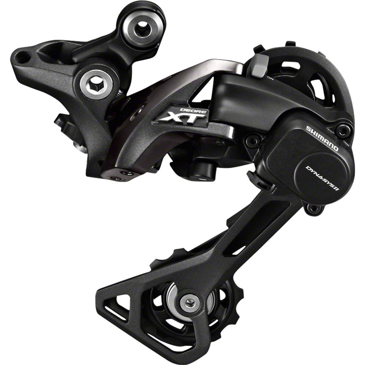 Shimano XT RD-M8000 rear derailleur for mountain bikes, showing the black and silver component with mounting hardware.