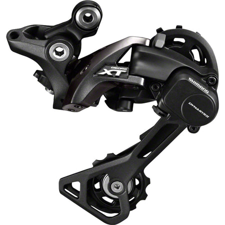 Shimano XT RD-M8000 rear derailleur for mountain bikes, showing the black and silver component with mounting hardware.