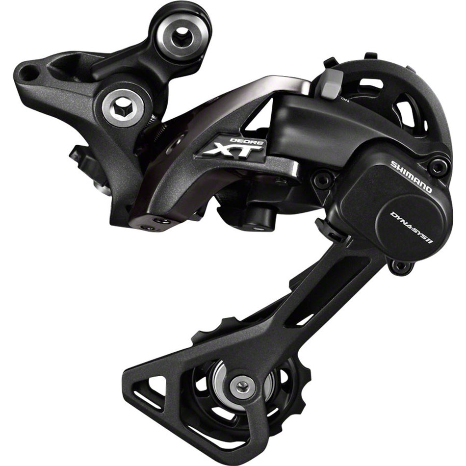 Shimano XT RD-M8000 rear derailleur for mountain bikes, showing the black and silver component with mounting hardware.