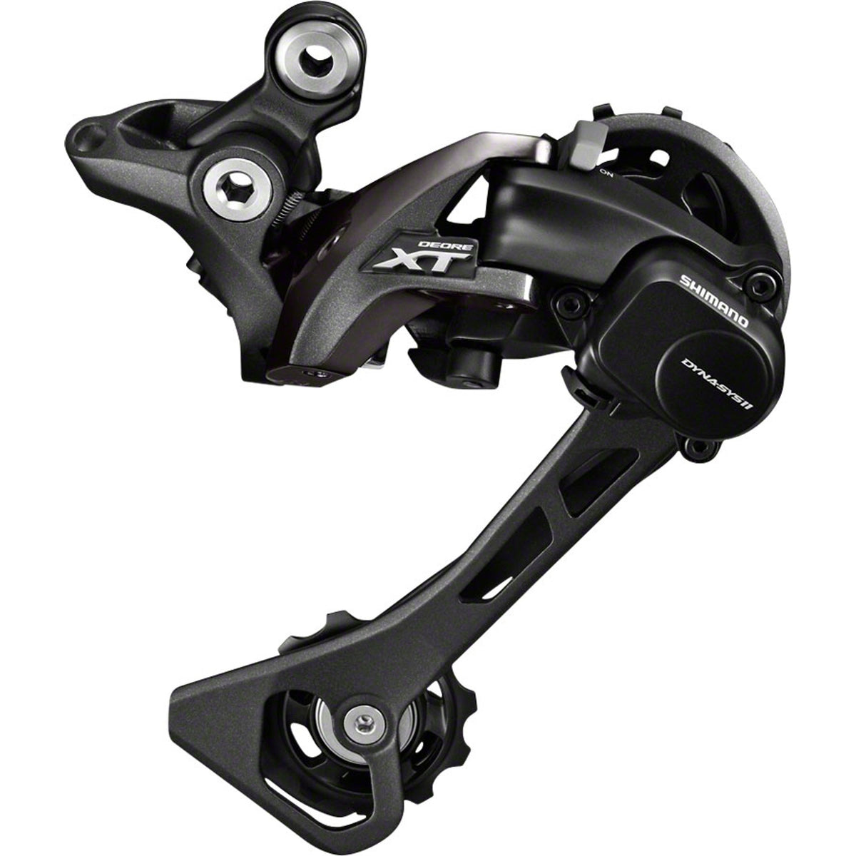 Shimano XT RD-M8000 rear derailleur mounted on bike, showing the durable metal construction and precise gear shifting mechanism.