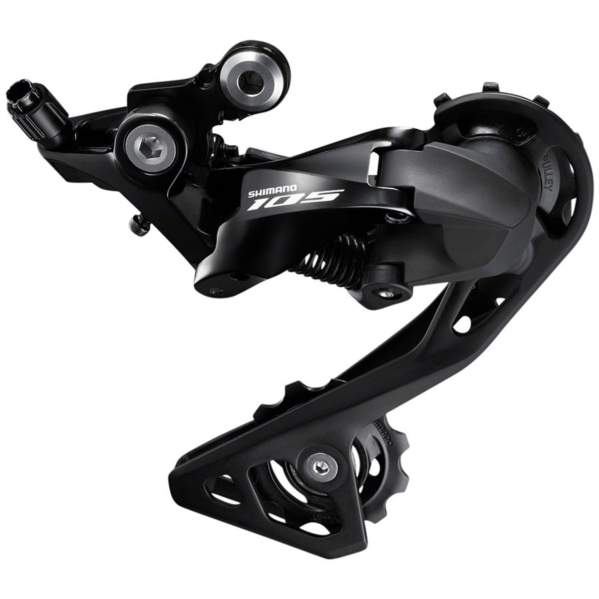 Shimano 105 RD-R7000 rear derailleur for road bikes, showcasing the sleek black component with precise gear shifting mechanism.