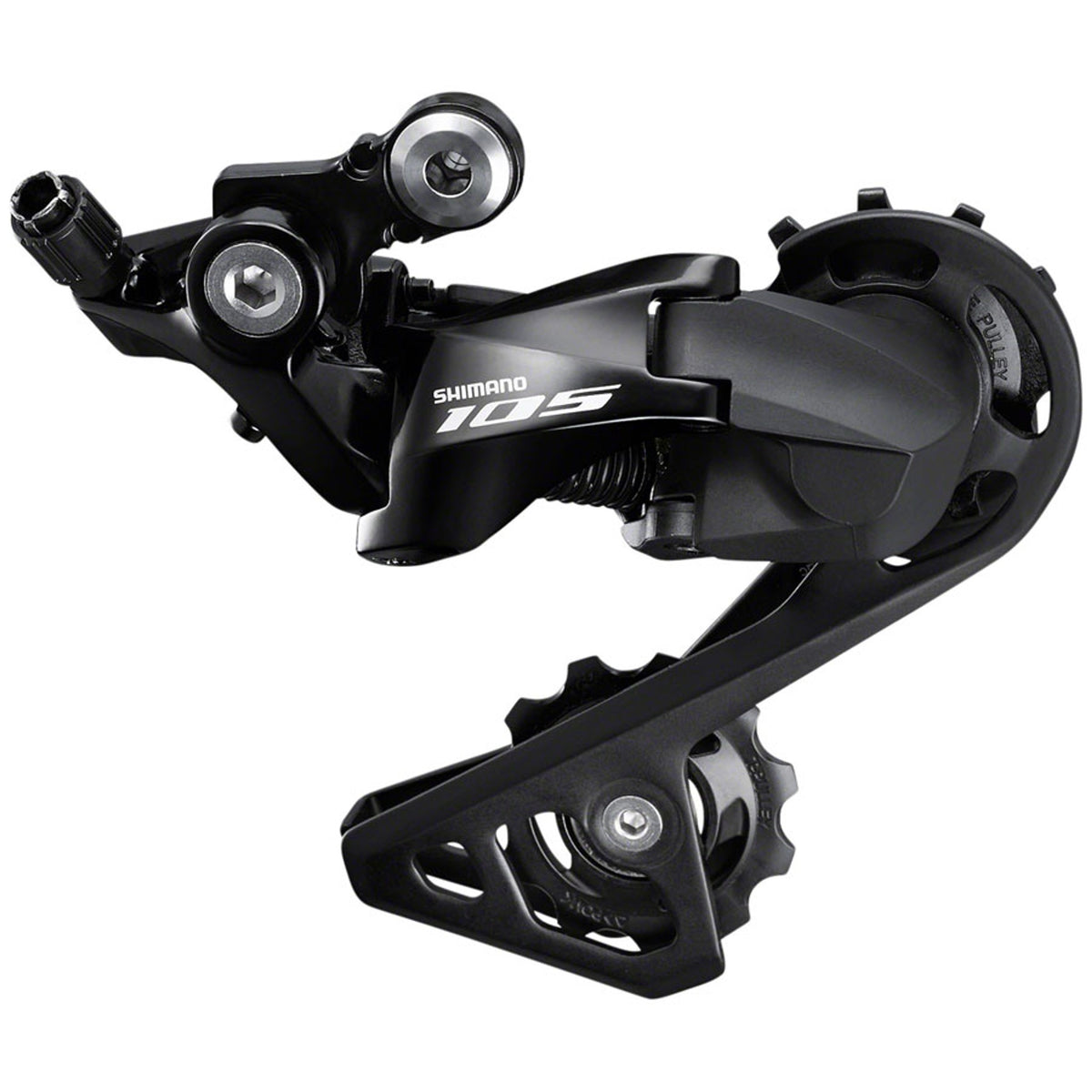 Shimano 105 RD-R7000 rear derailleur for road bikes, showing the sleek black design and mounting mechanism.