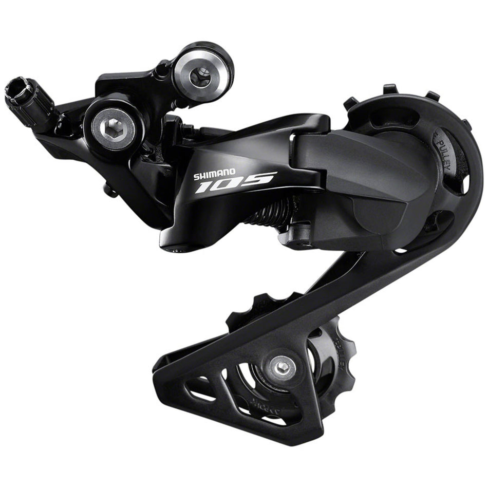 Shimano 105 RD-R7000 rear derailleur for road bikes, showing the sleek black design and mounting mechanism.